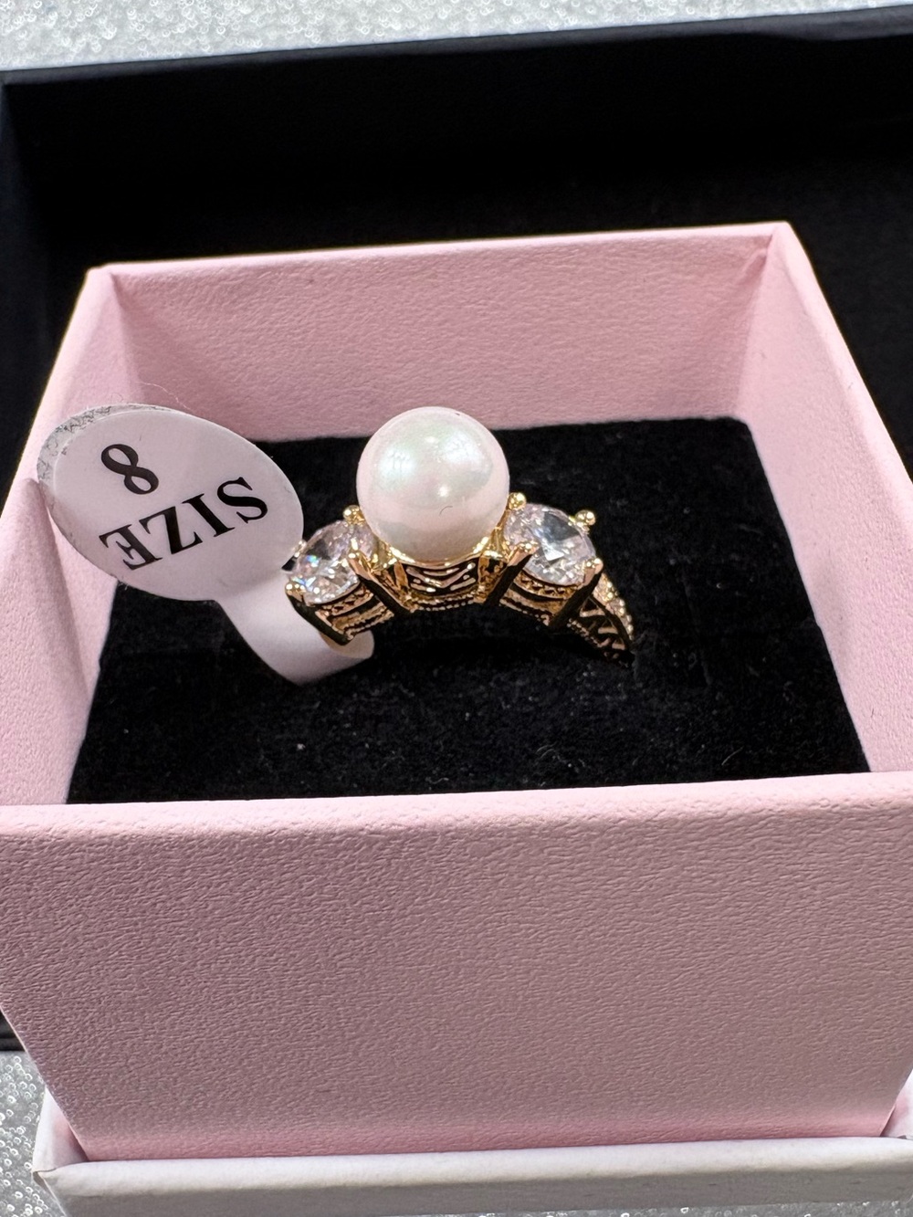 Gold Pearl & Cubic Zirconia Statement Ring - Size 8